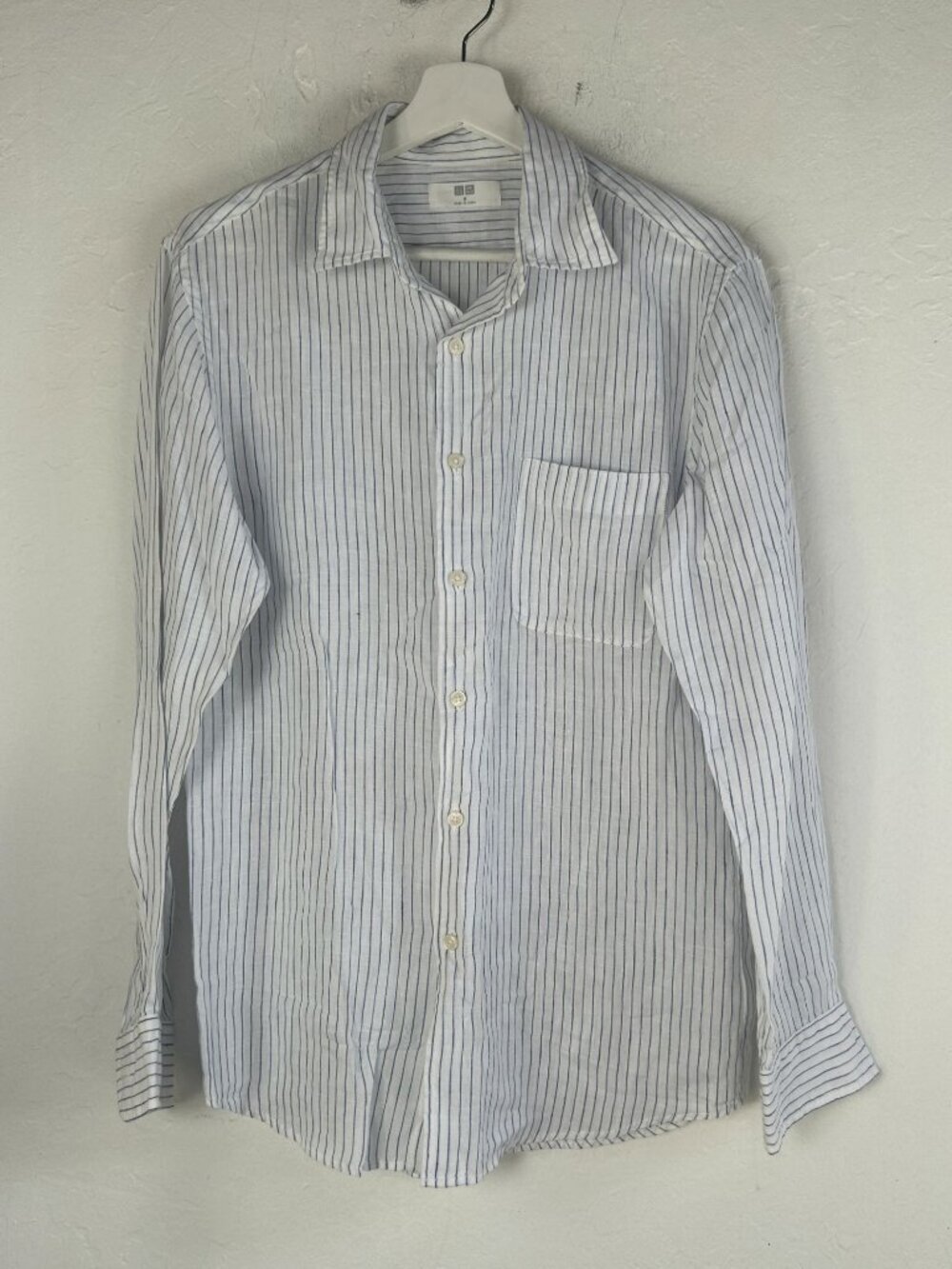 UNIQLO Mens Striped Linen Button-Up Shirt Medium Blue/White Long Sleeve NWOT